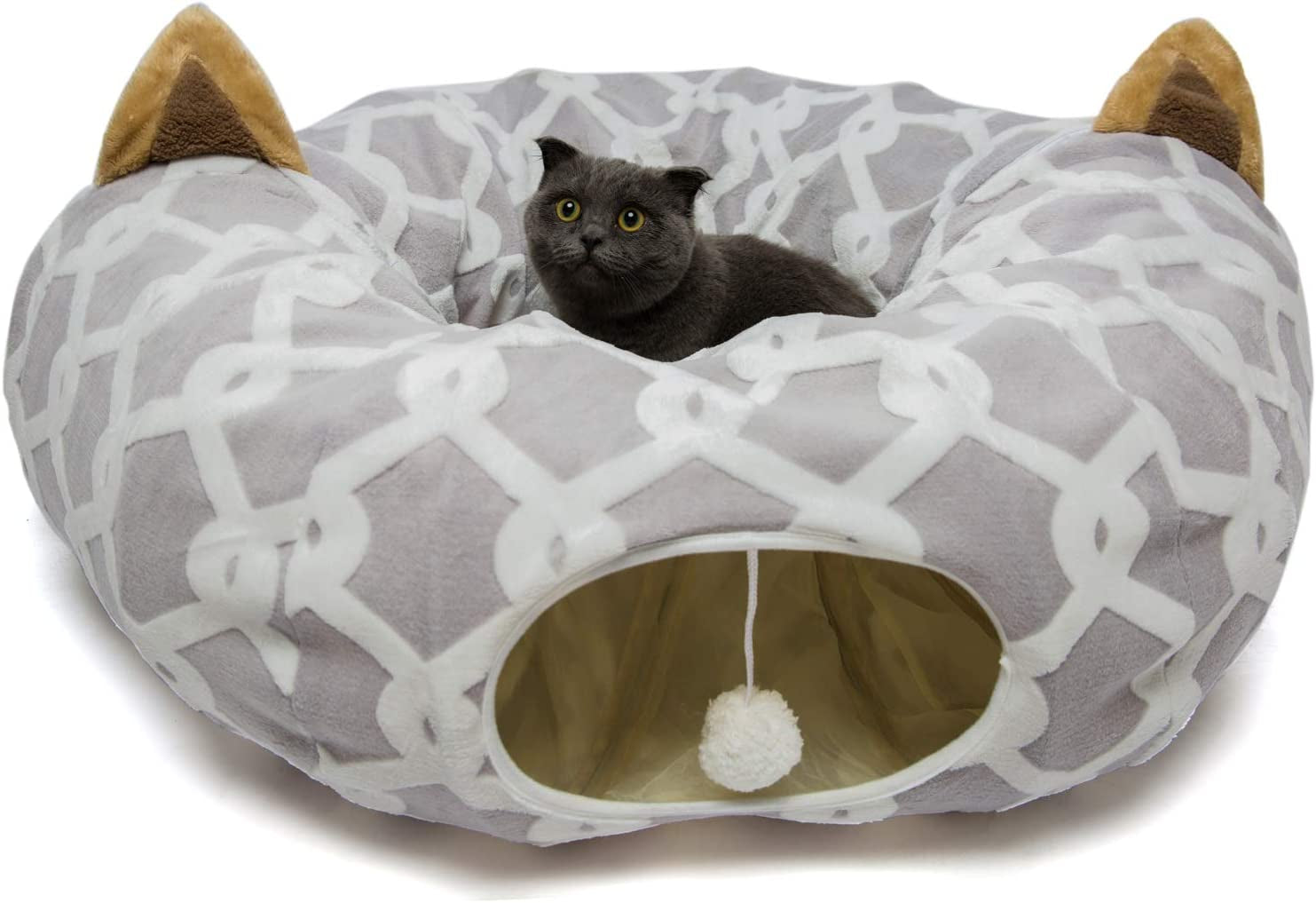 Large Cat Tunnel Bed with Plush Cover, 10 Inch Diameter, 3 Ft Length - Great for Cats, and Small Dogs, Gray