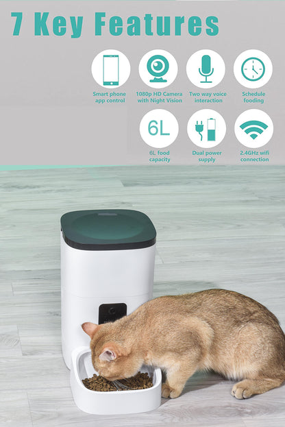  Automatic Pet Feeder for Cats and Dogs, 6L1080P Camera,App Control,Voice Recorder,Timed Feeder for Schedule Feeding, Dual Power Supply,Wifi Pet Food Dispenser with App Control