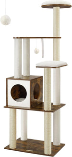 Woodywonders 65-Inch Modern Cat Tree, Multi-Level Condo with 5 Scratching Posts, & perch 