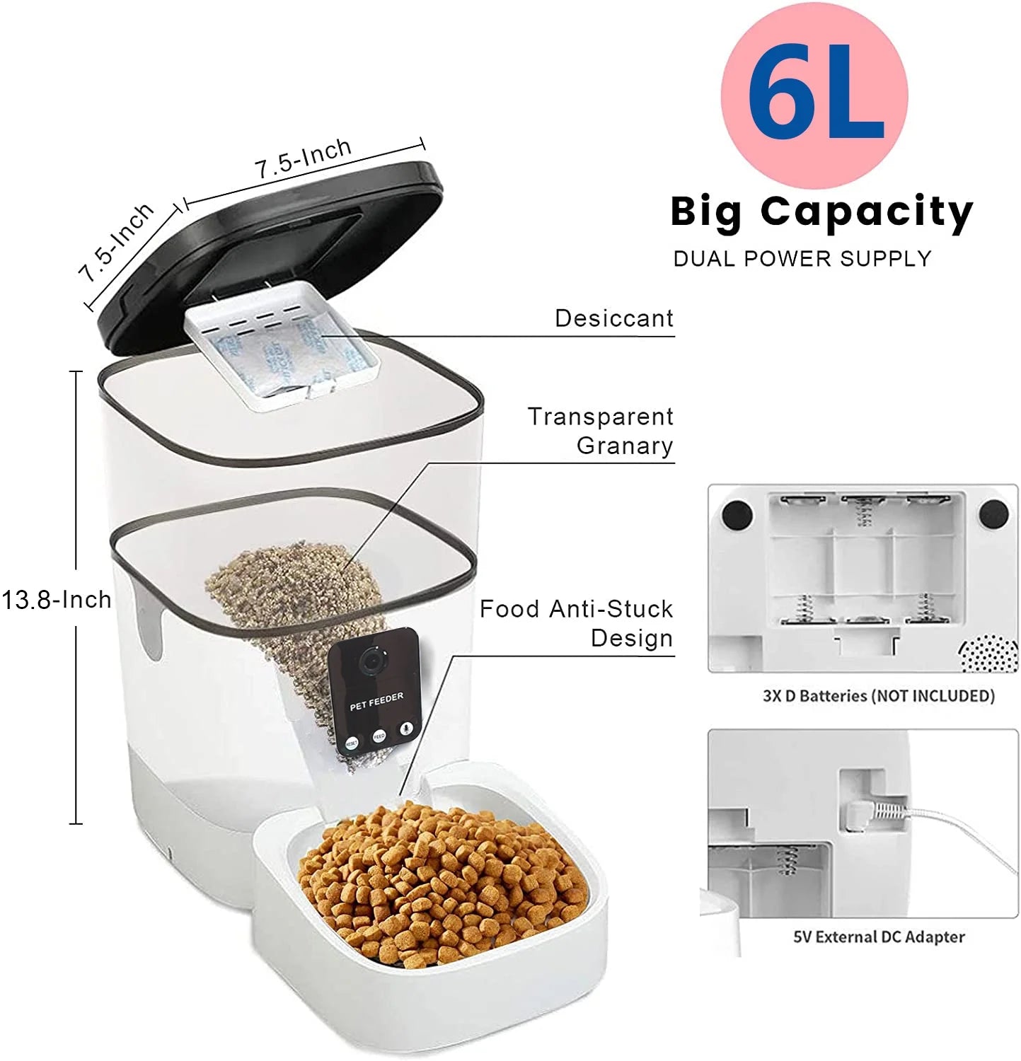  Automatic Pet Feeder for Cats and Dogs, 6L1080P Camera,App Control,Voice Recorder,Timed Feeder for Schedule Feeding, Dual Power Supply,Wifi Pet Food Dispenser with App Control