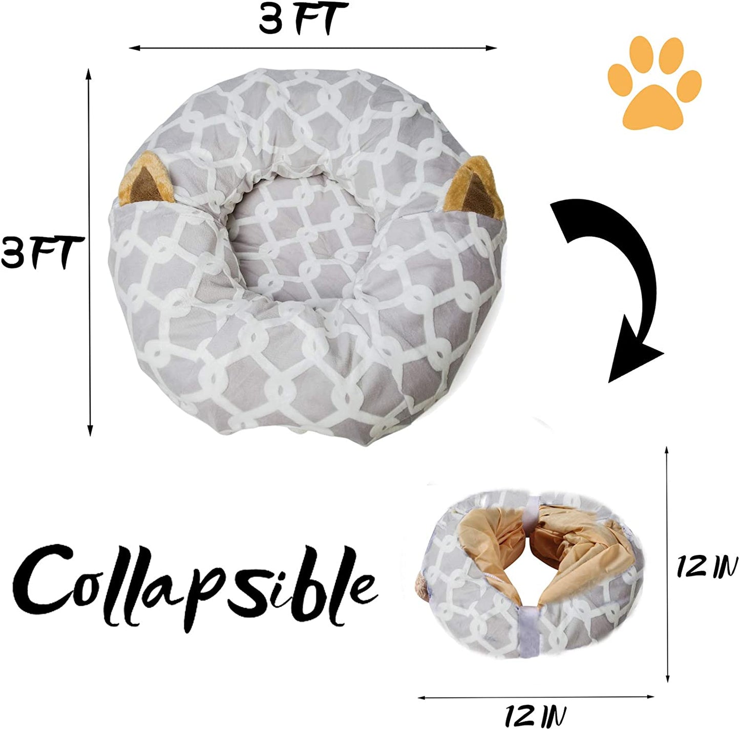 Large Cat Tunnel Bed with Plush Cover, 10 Inch Diameter, 3 Ft Length - Great for Cats, and Small Dogs, Gray