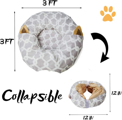 Large Cat Tunnel Bed with Plush Cover, 10 Inch Diameter, 3 Ft Length - Great for Cats, and Small Dogs, Gray