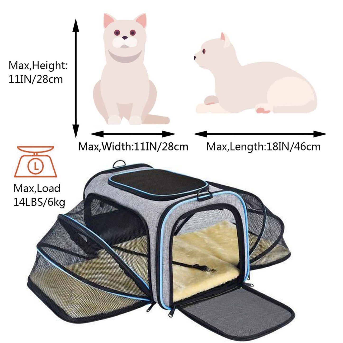 Pet Travel Bag Airline Approved Expandable Foldable 3 Doors 2 Reflective Tapes