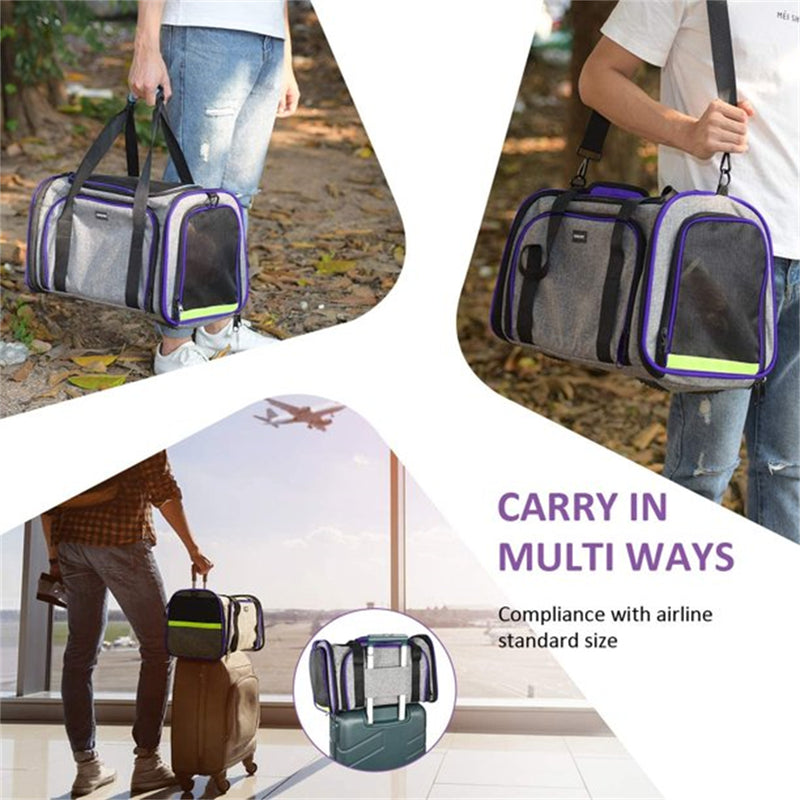 Pet Travel Bag Airline Approved Expandable Foldable 3 Doors 2 Reflective Tapes