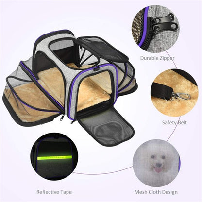 Pet Travel Bag Airline Approved Expandable Foldable 3 Doors 2 Reflective Tapes