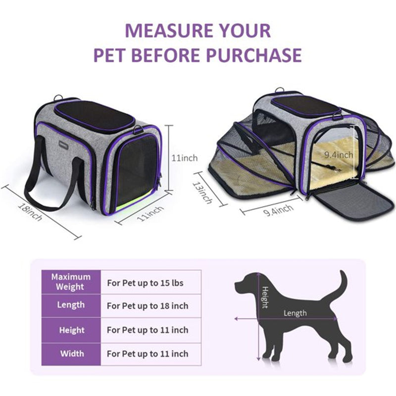 Pet Travel Bag Airline Approved Expandable Foldable 3 Doors 2 Reflective Tapes