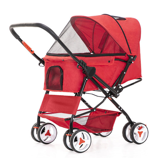 Four Wheel Folding Pet Stroller, Dog Jogger Travel Cats Carrier Adjustable Canopy Storage Brake Mesh Window