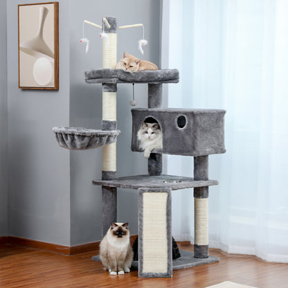 Modern Large Cat Tree with Spacious Condo, Large Top Perch, Cozy Hammock, Scratching Post, Climbing Ladder, Feeding Bowl and Cat Interactive Toy For Big and Fat Cats