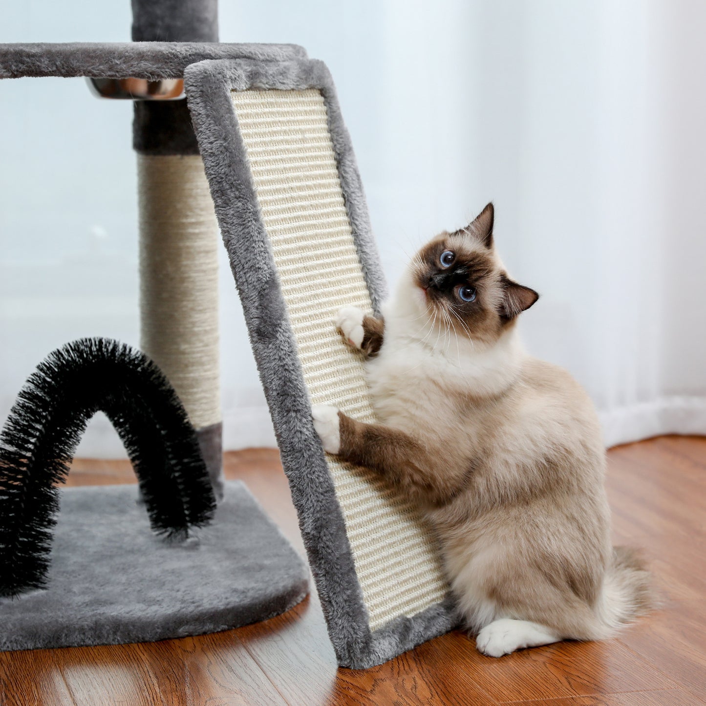 Modern Large Cat Tree with Spacious Condo, Large Top Perch, Cozy Hammock, Scratching Post, Climbing Ladder, Feeding Bowl and Cat Interactive Toy For Big and Fat Cats