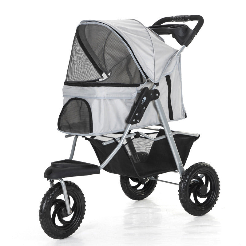 Three Wheel Folding Pet Stroller, Dog Jogger Travel Cats Carrier Adjustable Canopy Storage Brake Mesh Window