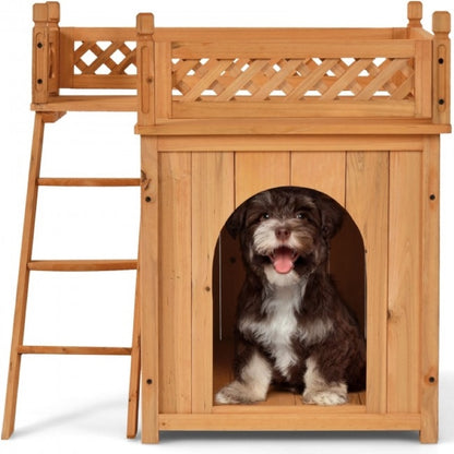 New Style Wood Pet Dog House With Roof Balcony And Bed Shelter