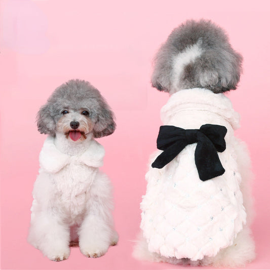 White Elegant Bow Plush Coat Pet Sweater