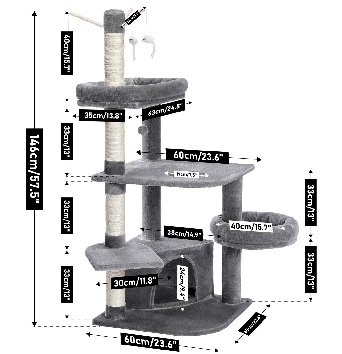 Multi-Functional Large Cat Tree with Super Large Condo, Spacious Top Perch, Sisal Scratching Post and Cat Interactive Toy For Big and Fat Cats