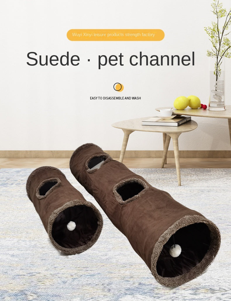 Suede pet tunnel pet toy foldable cat teaser channel cat toy supplies plush cat tunnel