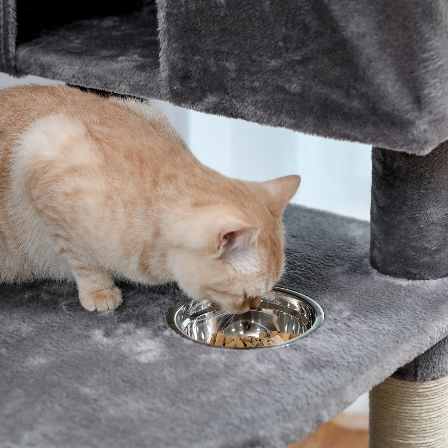 Modern Large Cat Tree with Spacious Condo, Large Top Perch, Cozy Hammock, Scratching Post, Climbing Ladder, Feeding Bowl and Cat Interactive Toy For Big and Fat Cats