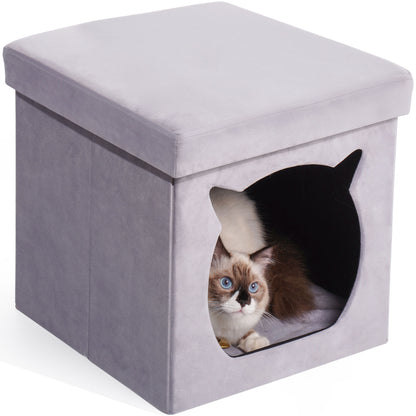 Velvet Folding Pet Ottoman, Footrest Stool with Cat Bed