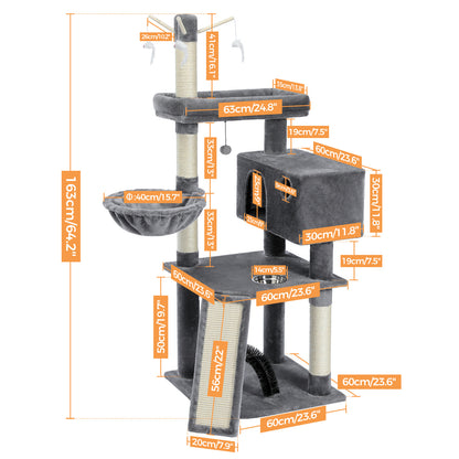 Modern Large Cat Tree with Spacious Condo, Large Top Perch, Cozy Hammock, Scratching Post, Climbing Ladder, Feeding Bowl and Cat Interactive Toy For Big and Fat Cats