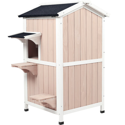 Water-proof 2-story feral cat shelter outdoor wooden small pet animal home with asphalt roof escape doors cat house