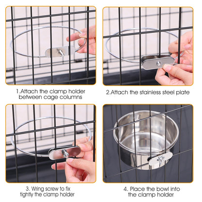 Stainless Steel Dog Bowl Pets Hanging Food Bowl Detachable Pet Cage Food Water Bowl with Clamp Holder