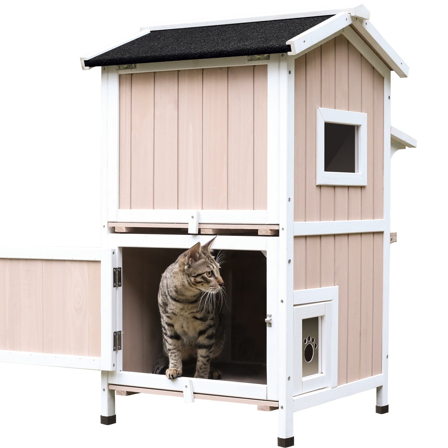 Water-proof 2-story feral cat shelter outdoor wooden small pet animal home with asphalt roof escape doors cat house