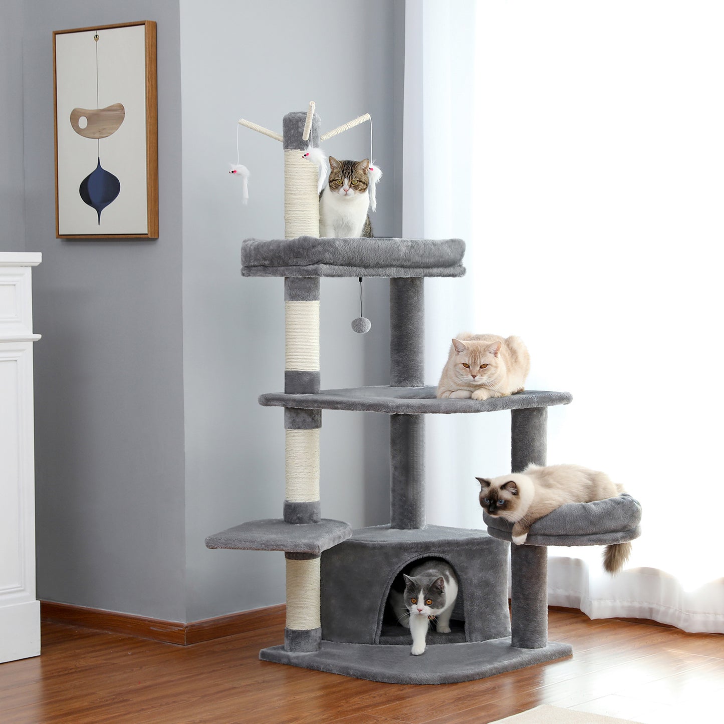 Multi-Functional Large Cat Tree with Super Large Condo, Spacious Top Perch, Sisal Scratching Post and Cat Interactive Toy For Big and Fat Cats