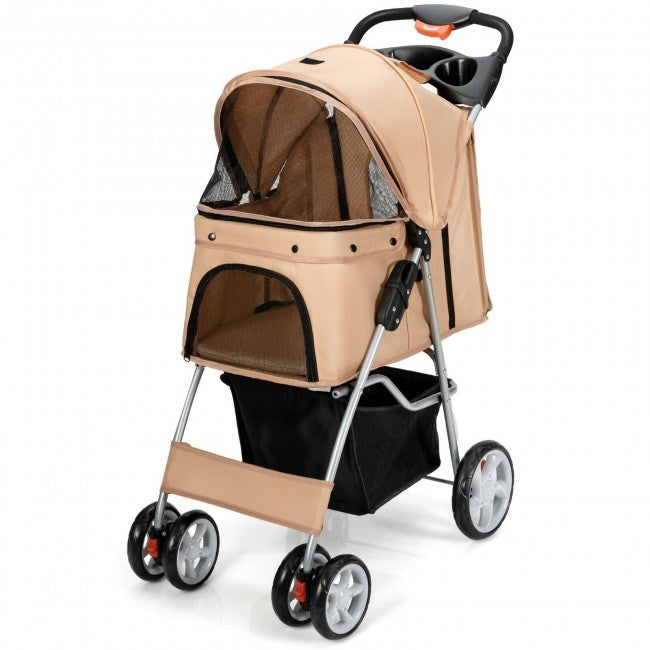 Foldable 4-Wheel Pet Stroller with Storage Basket