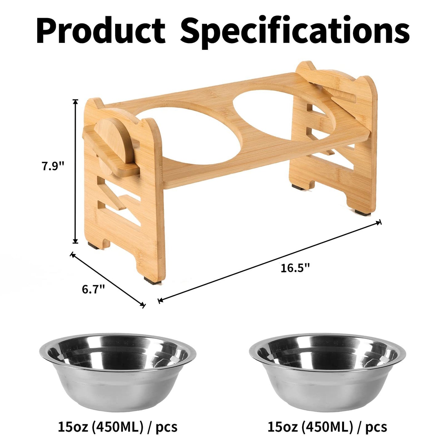 Elevated Dog & Cat Bowls, 6 Adjustable Heights Raised Food Water Feeder Bowl with Stand for Puppy Small Medium Dog Cat, 2 Stainless Steel Bowls 4 Cup (30oz) Capacity , Non-Slip,15° Tilted